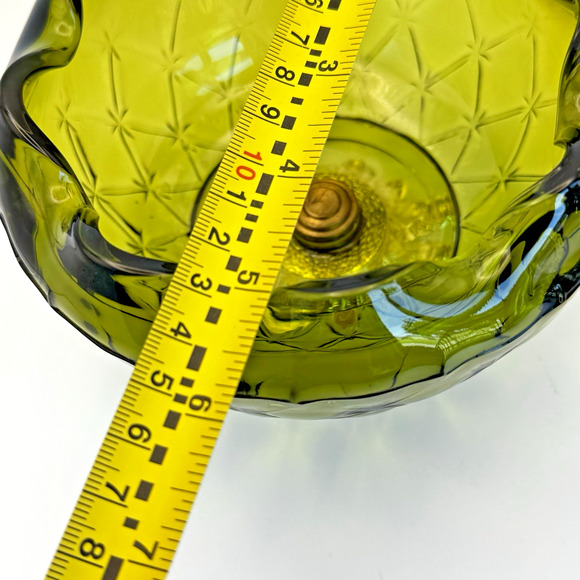 Vintage Green Indiana Glass Bowl Mesh Quilted Diamond Pineapple Metal Base - Picture 6 of 8